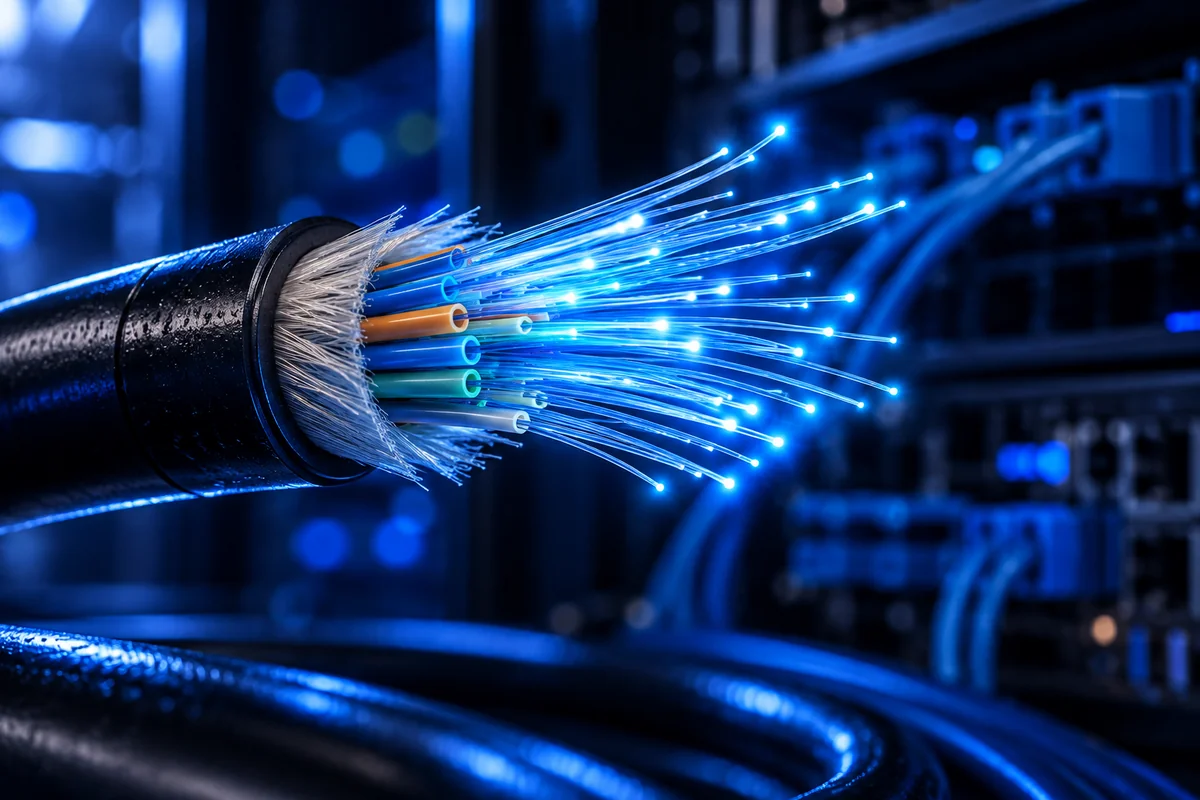 Detalhe ilustrativo de um cabo de fibra óptica iluminado